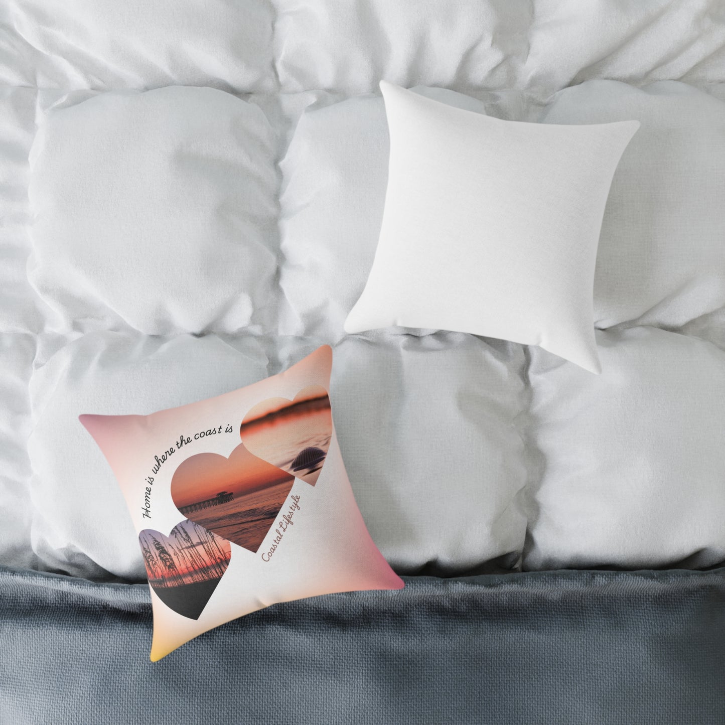Coastal Hearts Square Pillow - Sunset Beach Photo Accent Cushion