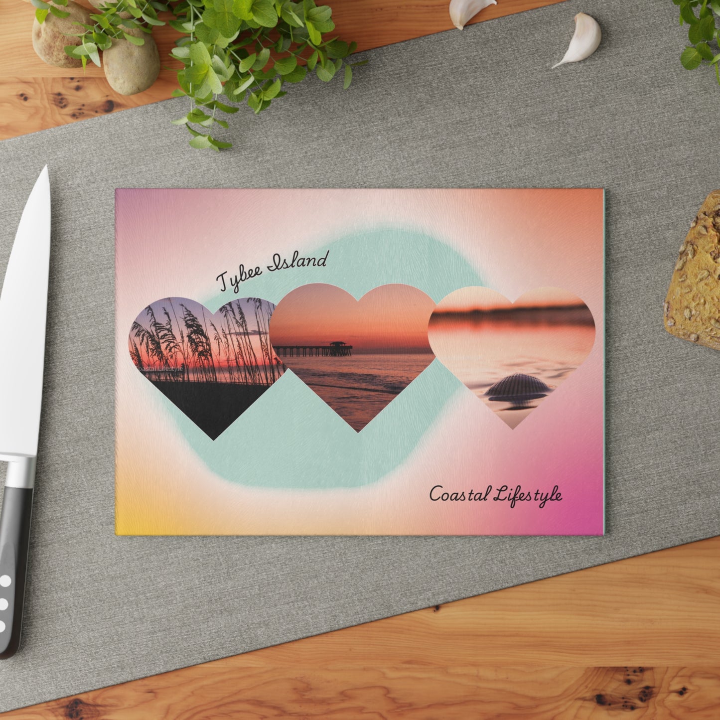 Coastal Hearts Glass Cutting Board — Island Coastal Lifestyle Sunset Design