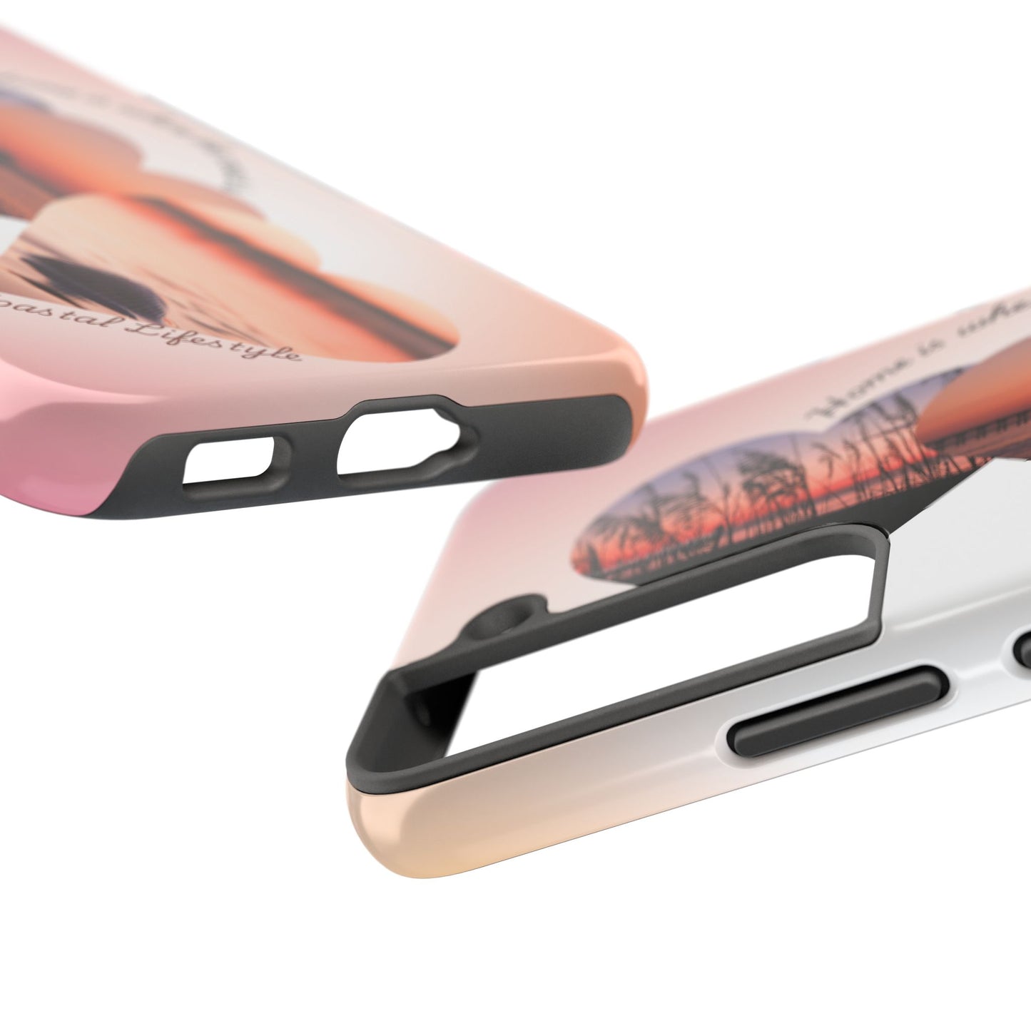Sunset Coastal Heart Tough Phone Case — "Home is Where the Coast is" Protective Phone Cover