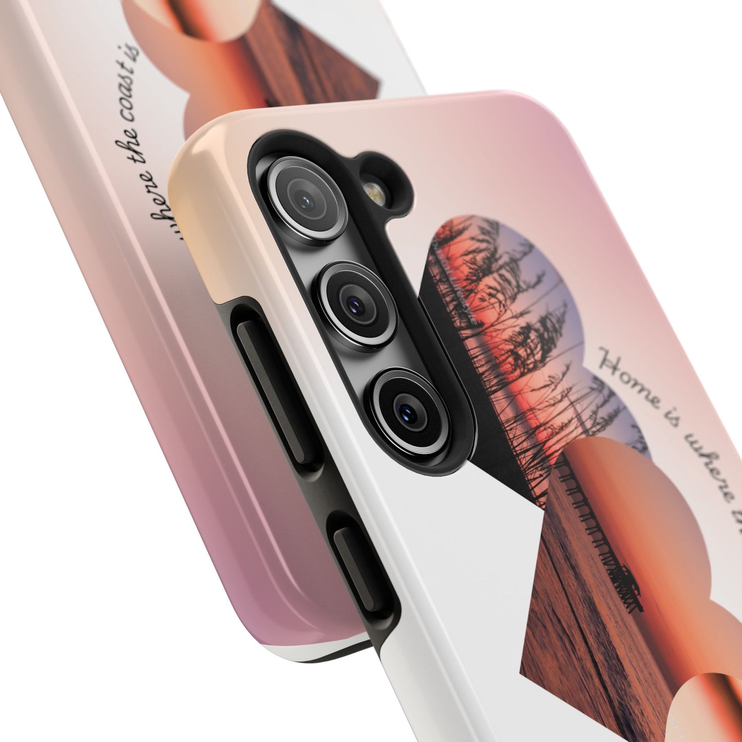 Sunset Coastal Heart Tough Phone Case — "Home is Where the Coast is" Protective Phone Cover