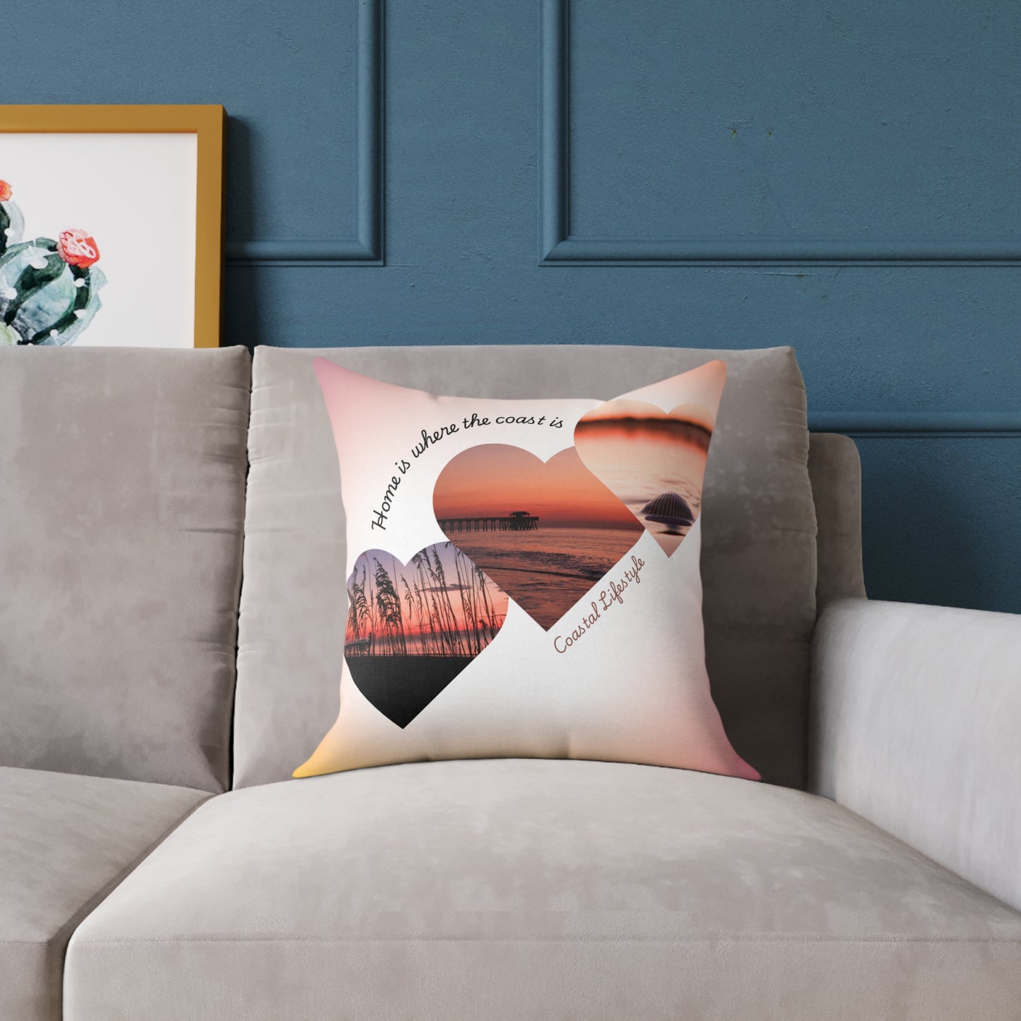 Coastal Hearts Square Pillow - Sunset Beach Photo Accent Cushion