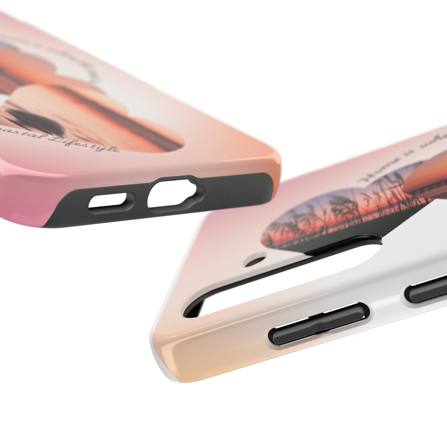 Sunset Coastal Heart Tough Phone Case — "Home is Where the Coast is" Protective Phone Cover