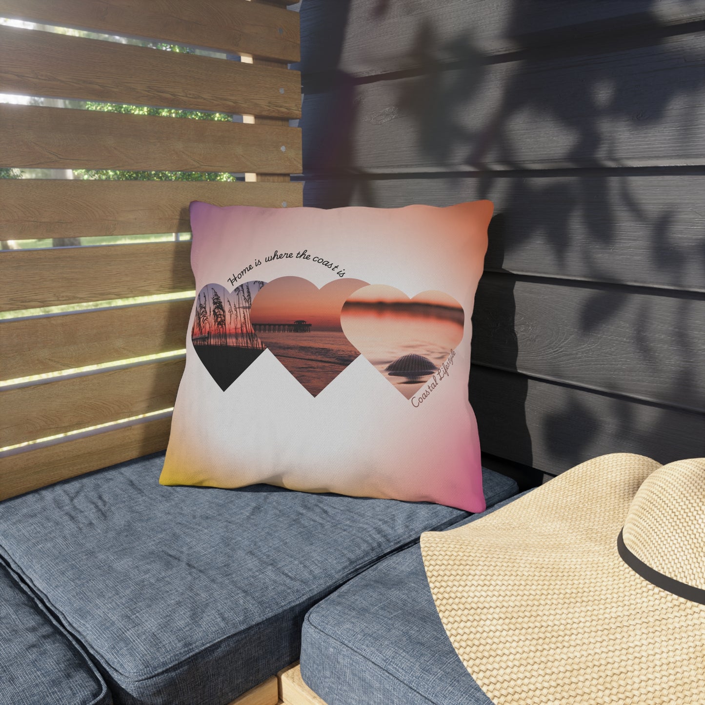 Coastal Hearts Outdoor Pillow — "Home is where the coast is" Sunset Beach Accent Cushion