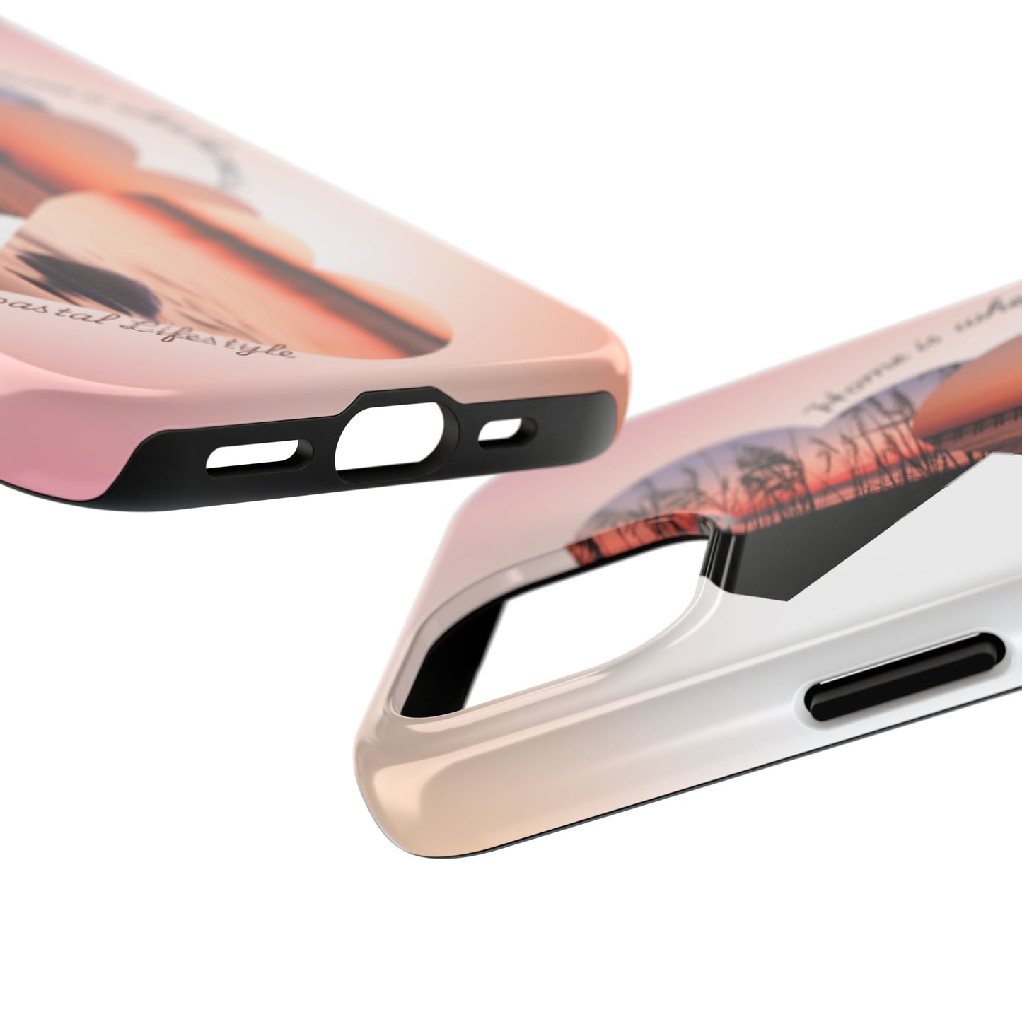 Sunset Coastal Heart Tough Phone Case — "Home is Where the Coast is" Protective Phone Cover