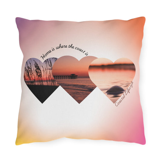 Coastal Hearts Outdoor Pillow — "Home is where the coast is" Sunset Beach Accent Cushion
